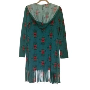 Aztec African Tribal Printed hooded open front Cardigan fringe hem size XL